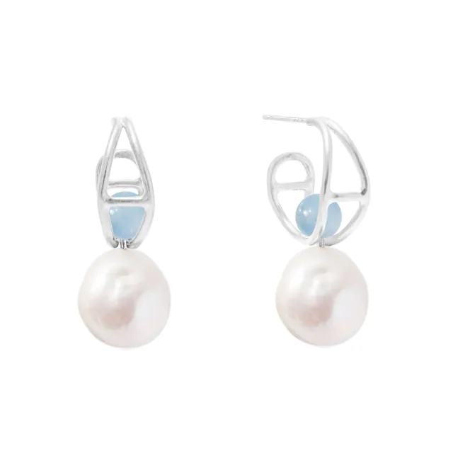 【Olivia Yao Jewellery】純銀天然珍珠 平衡天然海藍寶 耳環(Ananke Collection)