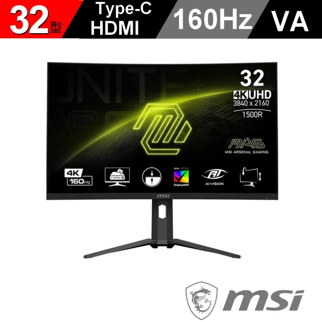 【MSI 微星】MAG 321CUP 32型 VA 4K 160Hz 曲面電競螢幕(1500R/AdaptiveSync/Type-C/HDR)