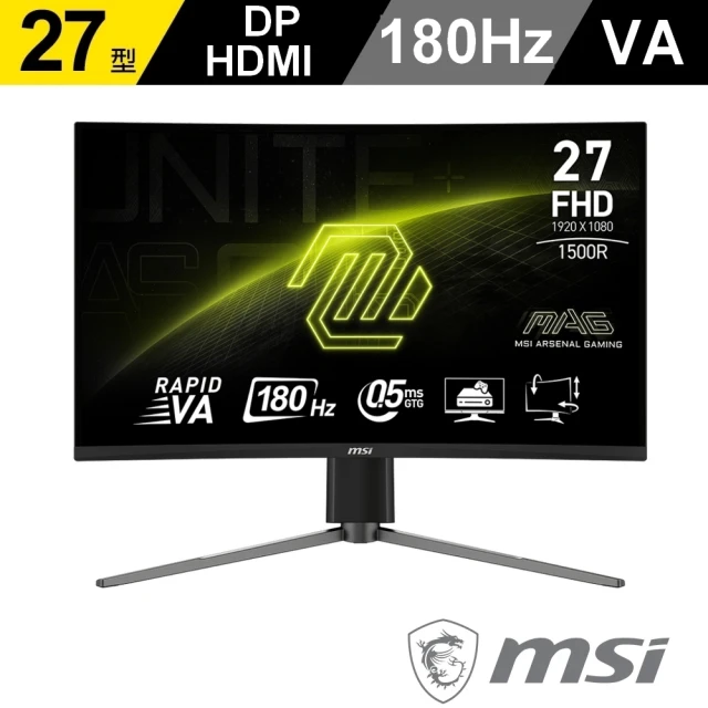 MSI 微星 MAG 27C6PF 27型 VA FHD 180Hz 曲面電競螢幕(0.5ms/Adaptive-Sync/1500R)