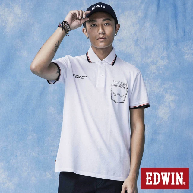 【EDWIN】男裝 網眼印花短袖POLO衫(白色)