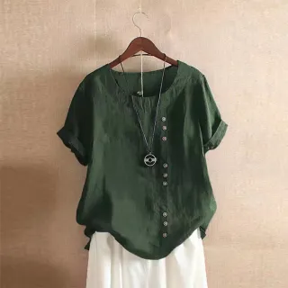 【JILLI-KO】慢生活-中大尺碼棉麻文藝復古圓領短袖襯衫-F(深綠/深藍)