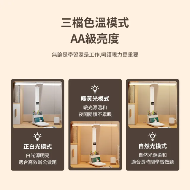 【YOLOMO】雙燈頭閱讀檯燈 廣角可調光護眼檯燈 讀寫檯燈(時鐘+筆筒+手機支架+檯燈四合一)