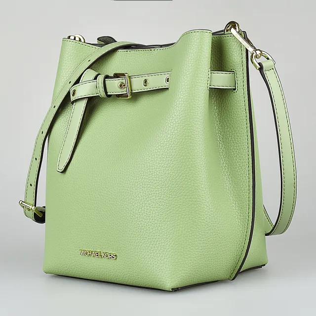 【Michael Kors】MK MICHAEL KORS EMILIA LOGO釦式可調節荔枝紋牛皮斜背水桶包(小/鼠尾草綠)
