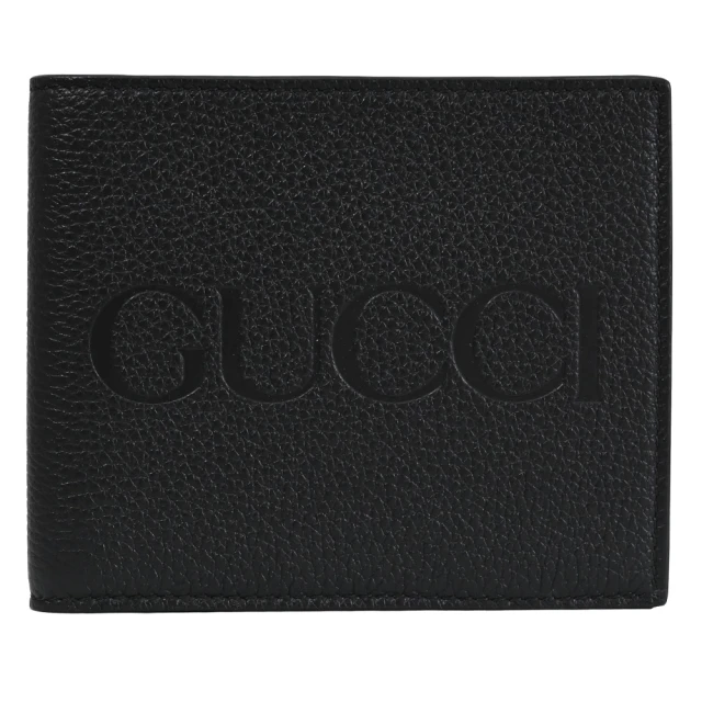 GUCCI 古馳 簡約經典大LOGO烙印天然皮革6卡對折短夾(黑)