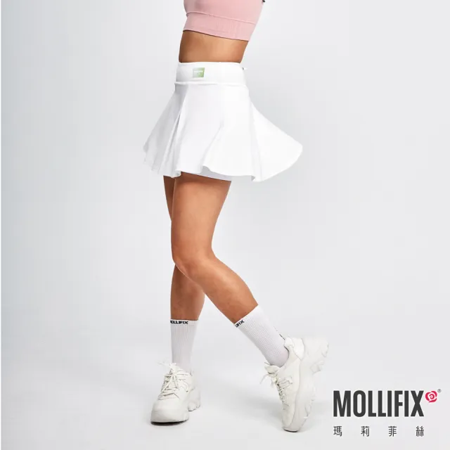 【Mollifix 瑪莉菲絲】輕盈雙層運動短裙、瑜珈服、瑜珈裙、運動短裙、短裙(白)
