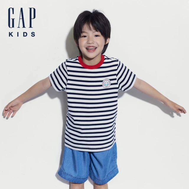 GAP 男童裝 純棉小熊印花圓領短袖T恤-海軍藍條紋(466053)