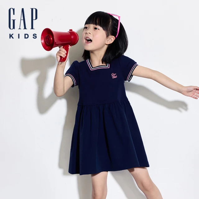GAPGAP 女幼童裝 Logo印花方領短袖洋裝-海軍藍(466153)