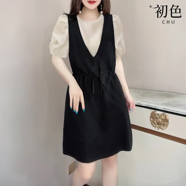 【初色】韓系假兩件泡泡袖綁帶收腰顯瘦短袖短裙連衣裙連身洋裝-黑白色-35083(M-2XL可選)