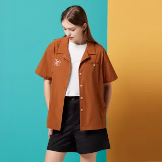 【JEEP】女裝 百搭素色古巴領短袖襯衫(橘)