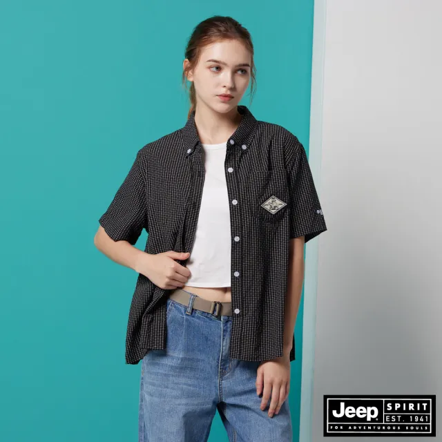 【JEEP】女裝 品牌貼布繡細格紋短袖襯衫(黑)