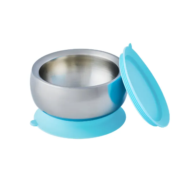 【little.b】316雙層不鏽鋼學習吸盤碗+麥片碗(寶貝藍)