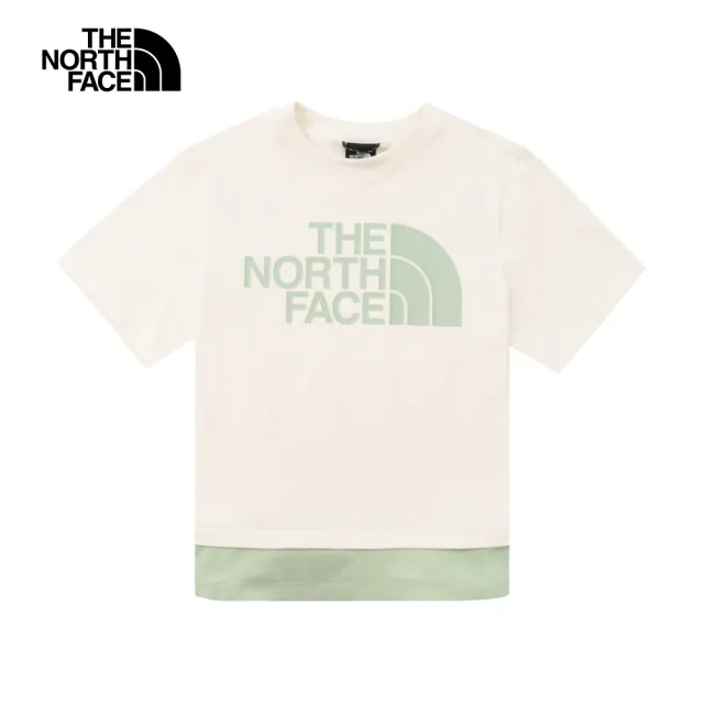 【The North Face】北面UE女款米綠拼接大尺寸品牌LOGO短袖T恤｜886HQLI