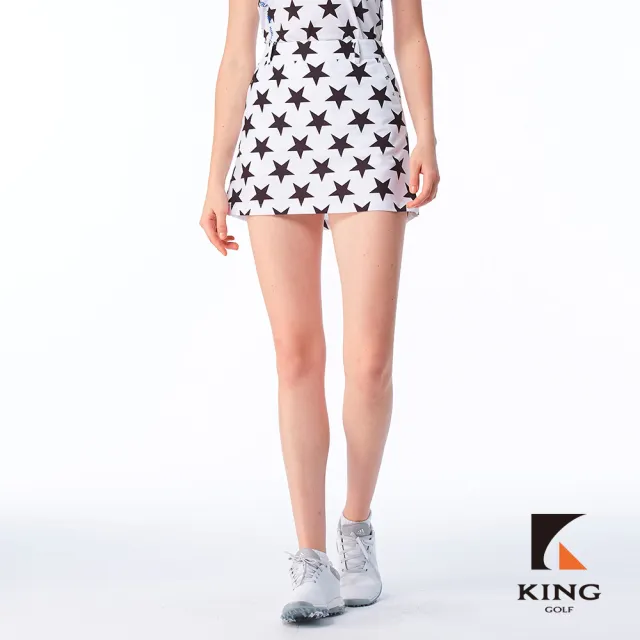 【KING GOLF】實體同步款-女款滿版大星星印花個性鉚釘修身A LINE短裙/高爾夫球裙(白色)