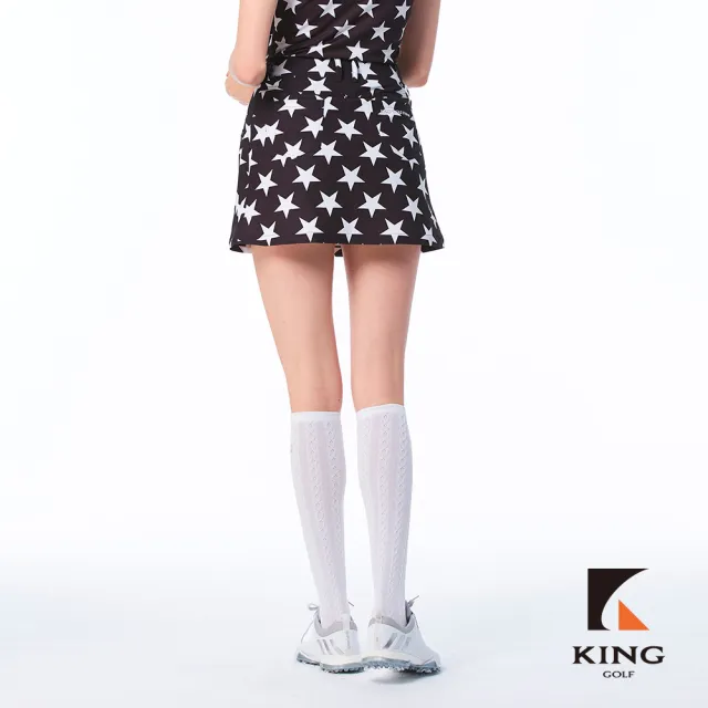 【KING GOLF】實體同步款-女款滿版大星星印花個性鉚釘修身A LINE短裙/高爾夫球裙(黑色)