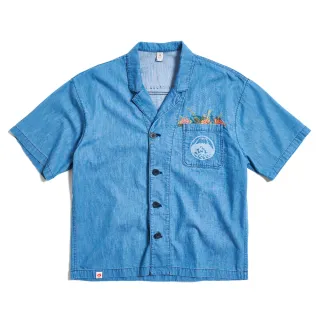 【EDWIN】江戶勝 男裝 口袋刺繡印花短袖襯衫(拔淺藍)
