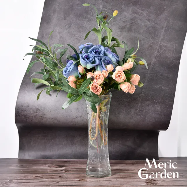 【Meric Garden】仿真沁溢藍粉玫瑰花藝花瓶組(花束 禮物 居家裝飾 情人節 擺設)
