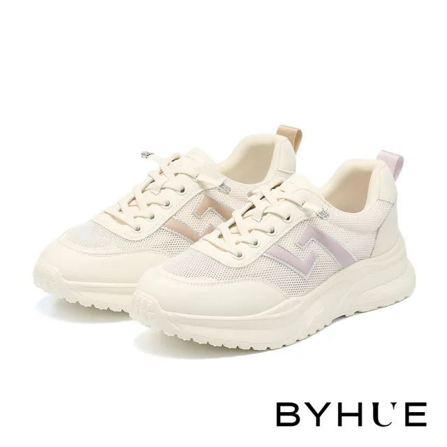 【BYHUE】百搭舒適撞色線條異材質軟芯厚底休閒鞋(紫)