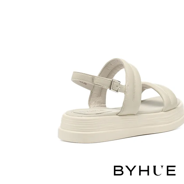 【BYHUE】舒適率性澎澎軟羊皮雙寬帶軟芯厚底涼鞋(灰綠)