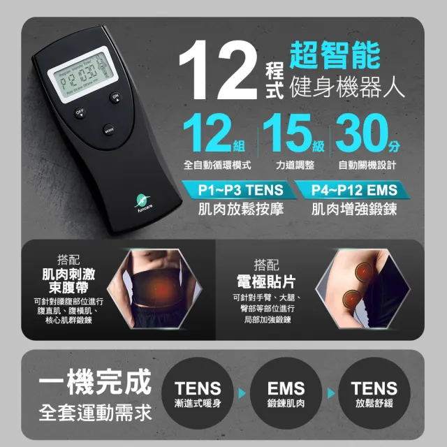 【funcare 船井生醫】EMS動力式刺激器+專用貼片+充電電池(智能核心鍛鍊.舒子晨&管麟愛用推薦)