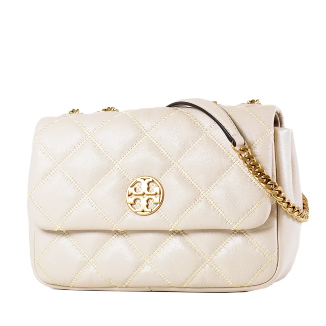 TORY BURCH WILLA 金LOGO菱格翻蓋肩背/斜背二用包-香草白/小