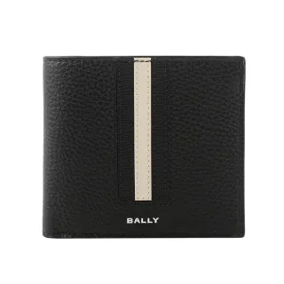 【BALLY】Ribbon 黑白條紋牛皮對開零錢袋短夾(黑色)
