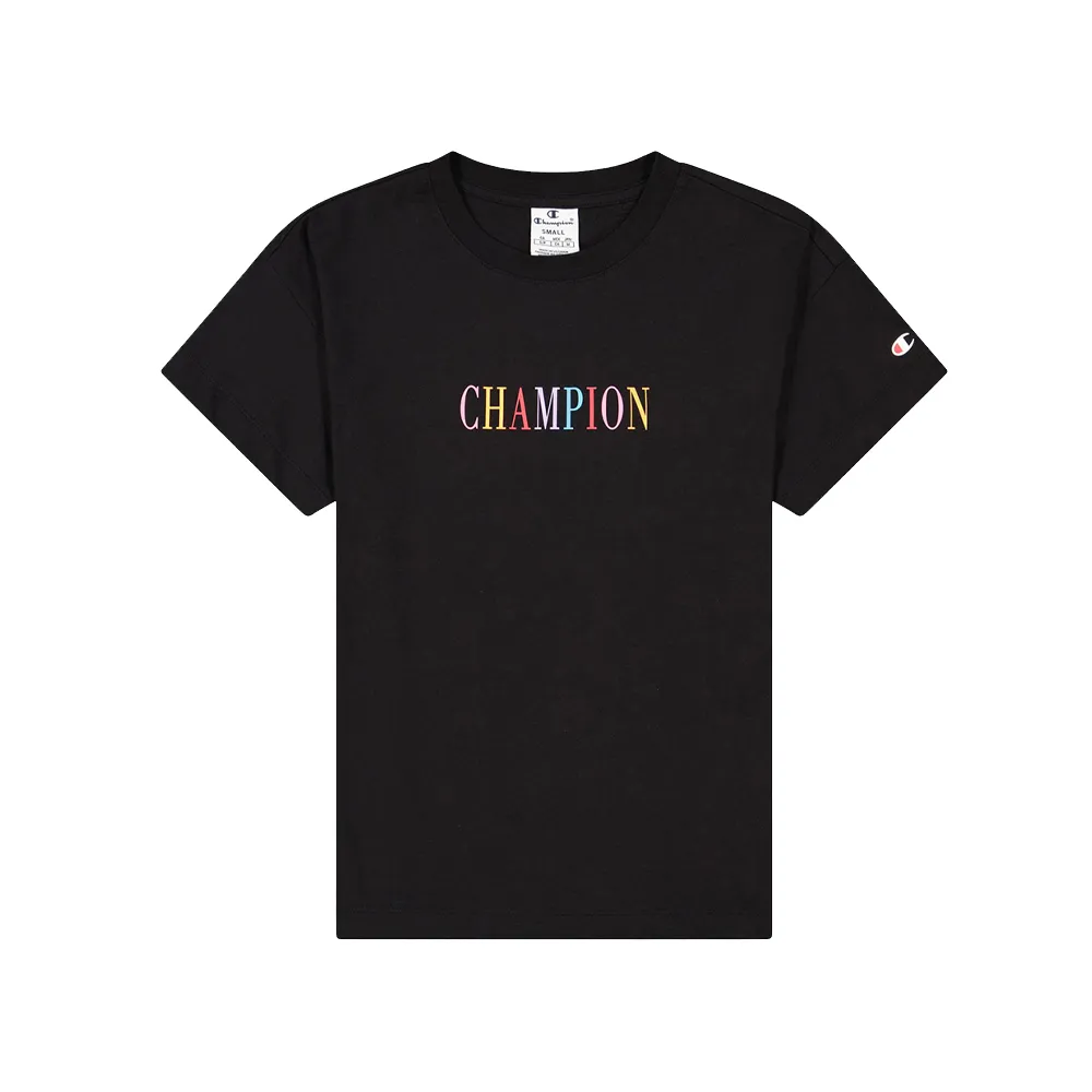 【Champion】官方直營-純棉拼色LOGO印花短袖TEE-女(黑色)