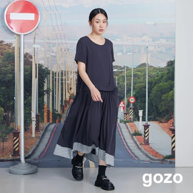 gozo 涼感天絲抓褶拼接造型洋裝(深藍)