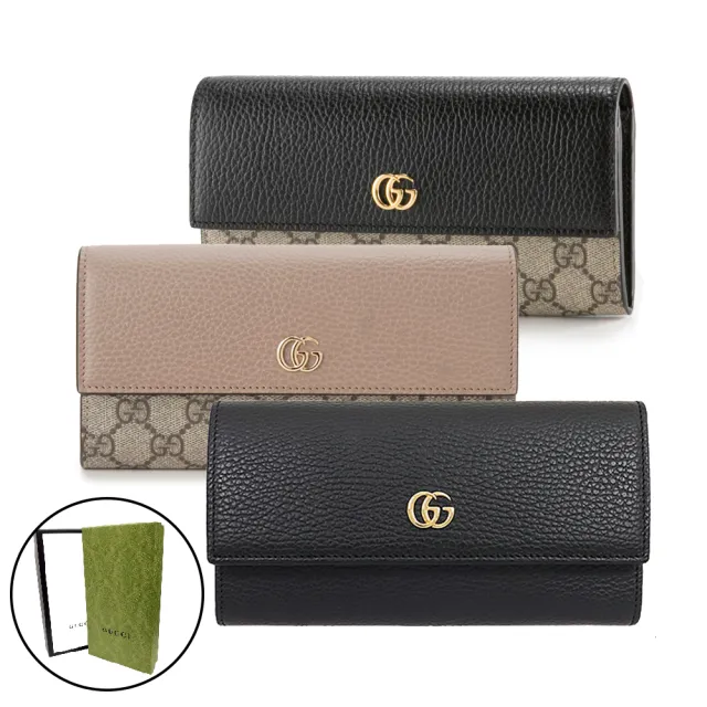 【GUCCI 古馳】456116 經典Petite Marmont 皮革拼接帆布翻蓋長夾(顏色任選)