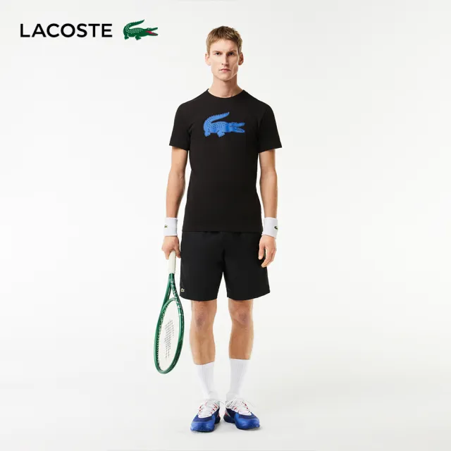 【LACOSTE】男裝-SPORT 3D 印花鱷魚皮透氣短袖T恤(黑色)