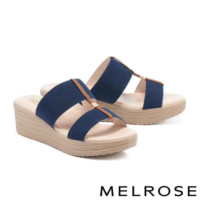 【MELROSE】雙11 美樂斯 夏日輕旅 清新寬版彈力繫帶楔型厚底拖鞋(深藍)