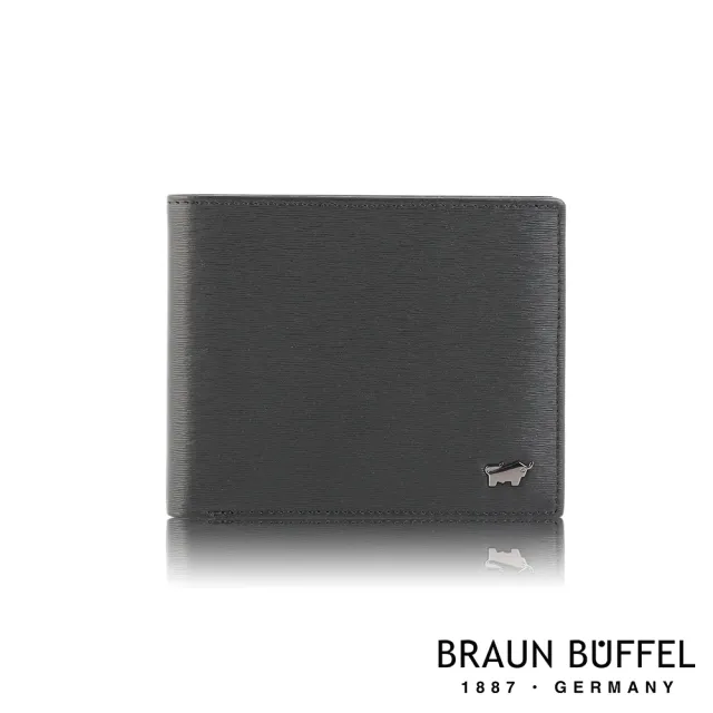 【BRAUN BUFFEL 德國小金牛】台灣總代理 波索 8卡中間翻零錢袋短夾-黑色(BF386-318-BK)