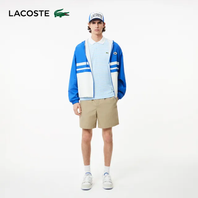 【LACOSTE】男裝-L.12.12 條紋棉質短袖 Polo 衫(淺藍/白色)