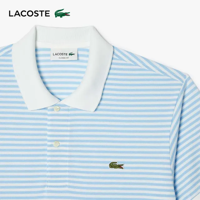 【LACOSTE】男裝-L.12.12 條紋棉質短袖 Polo 衫(淺藍/白色)