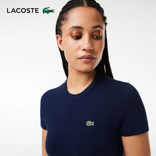 【LACOSTE】女裝-修身彈性素色短袖T恤(海軍藍)