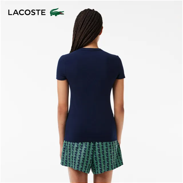 【LACOSTE】女裝-修身彈性素色短袖T恤(海軍藍)