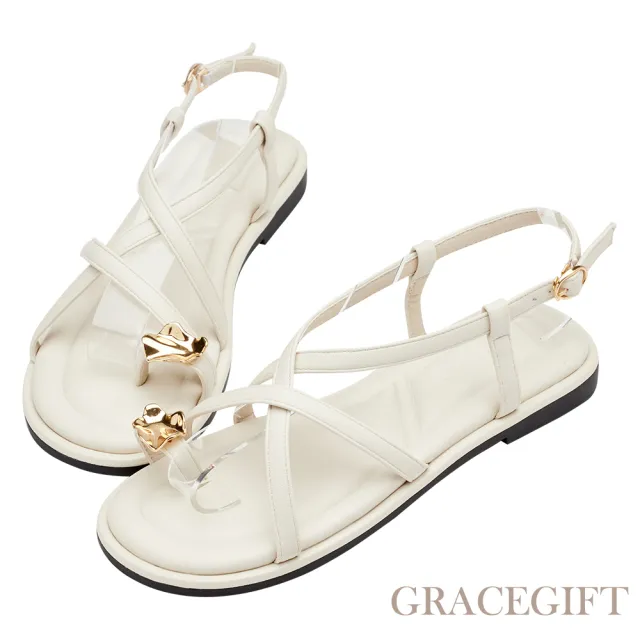 【Grace Gift】金屬釦套趾澎澎鞋墊平底涼鞋(米白)