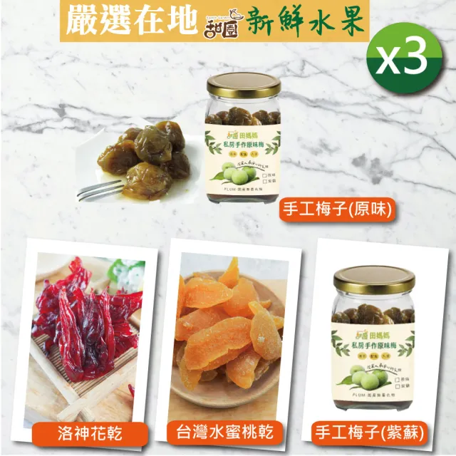 【甜園】台灣水果乾 果乾系列x3包(無糖鳳梨花/無糖鳳梨角/無糖火龍果/楊桃乾/洛神花乾/水蜜桃乾/手工梅子)