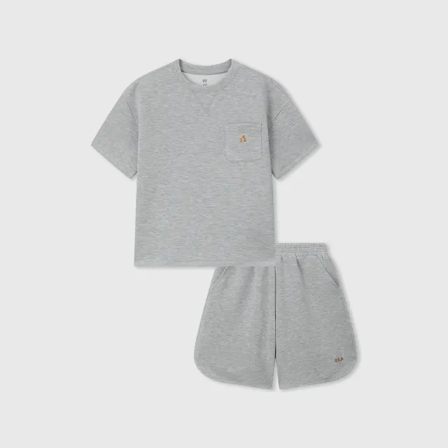 【GAP】兒童裝 Logo小熊刺繡防曬圓領短袖短褲家居套裝-灰色(560351)