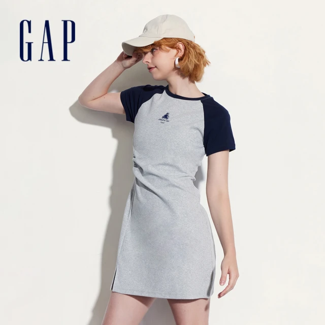 GAP 女裝 Logo小熊印花圓領短袖洋裝-灰色(510293)