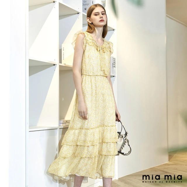 【mia mia】黃花V領荷葉綁帶洋裝
