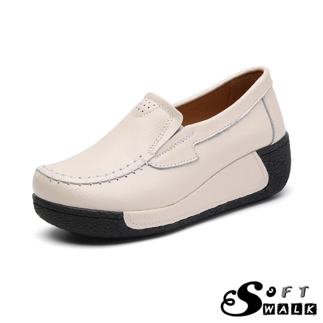 SOFT WALK 舒步 真皮休閒鞋 厚底休閒鞋/真皮復古縫線純色皮面造型厚底休閒鞋(米)
