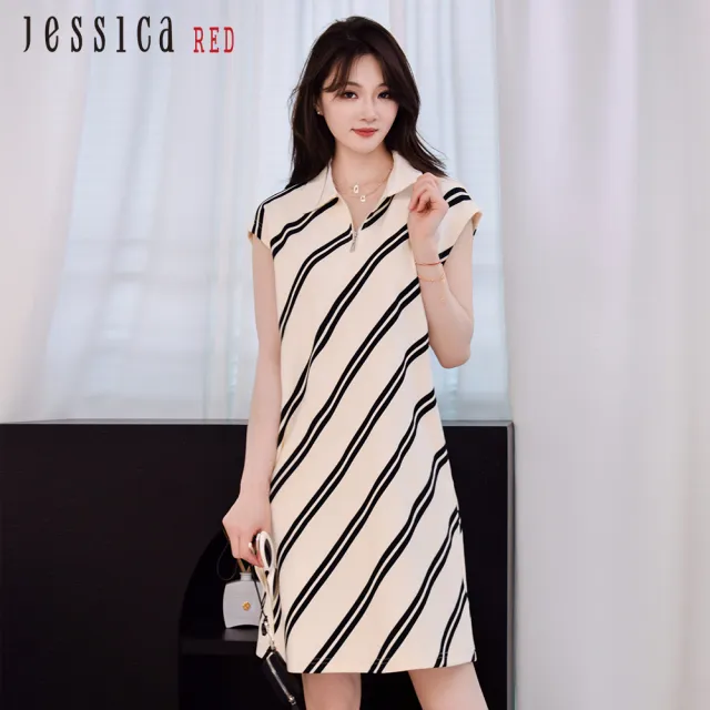 【Jessica Red】休閒舒適棉質斜條紋短袖洋裝R43703