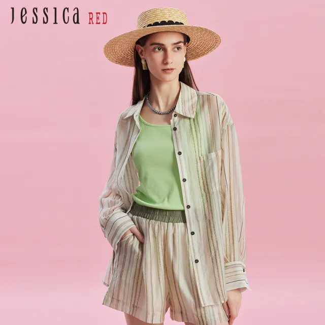 【Jessica Red】清涼透氣天絲條紋長袖襯衫R43309