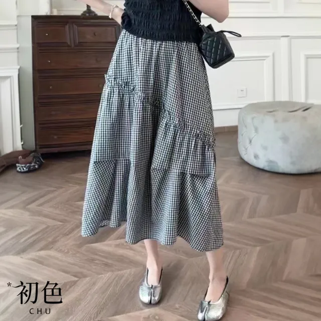 【初色】法式高腰黑白格木耳邊荷葉邊不規則抓皺中長A字裙半身裙-黑白格-35234(M-2XL可選)