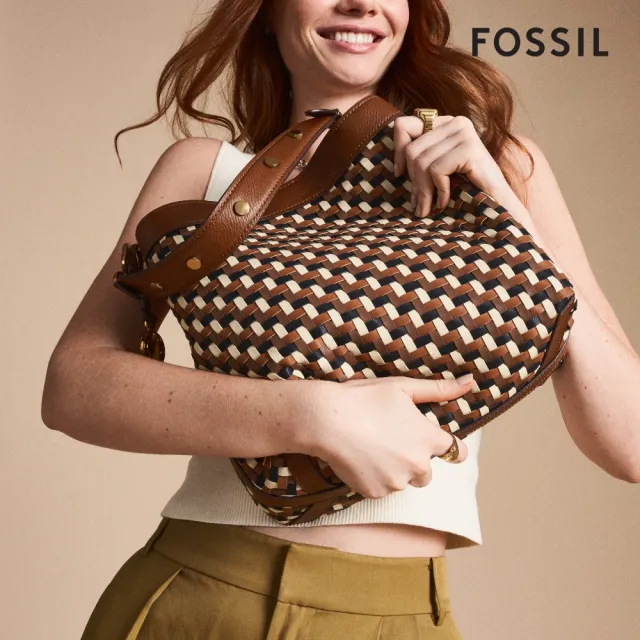 【FOSSIL】Jessie 真皮肩背水桶包-棕色編織 ZB11006249