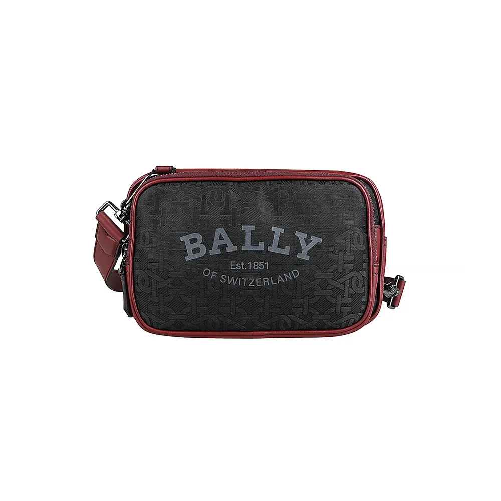 【BALLY】CHADD燙印LOGO品牌B字印花尼龍拼接牛皮拉鍊斜背胸掛包(黑x紅)