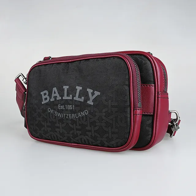 【BALLY】CHADD燙印LOGO品牌B字印花尼龍拼接牛皮拉鍊斜背胸掛包(黑x紅)