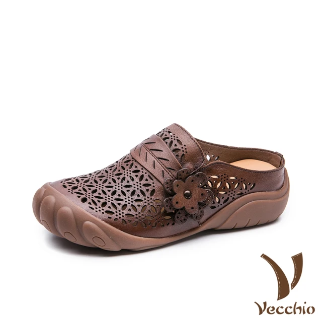 Vecchio 真皮拖鞋 厚底穆勒鞋/真皮頭層牛皮唯美縷空立體花朵舒適機能包頭拖鞋(棕)