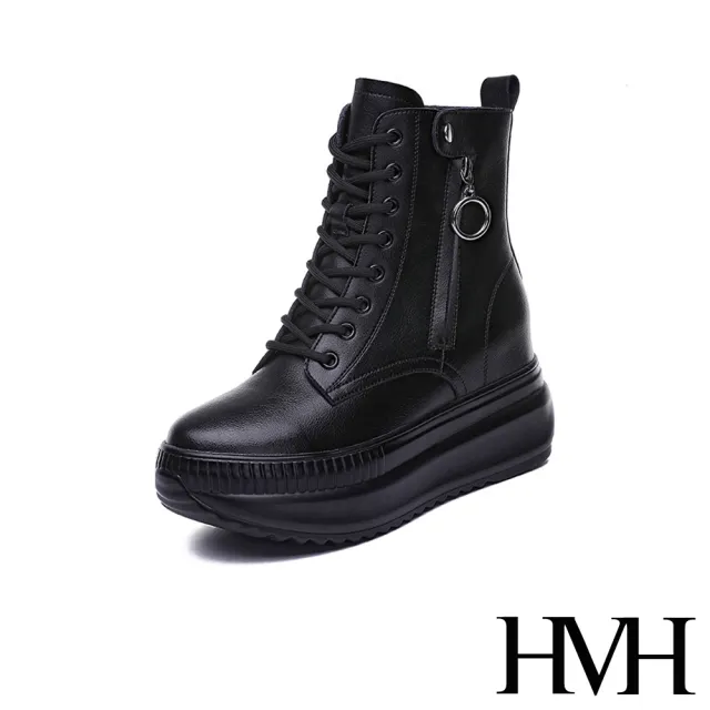 【HMH】真皮馬丁靴 厚底馬丁靴/真皮潮流金屬圓環拉鍊造型厚底內增高馬丁靴(黑)