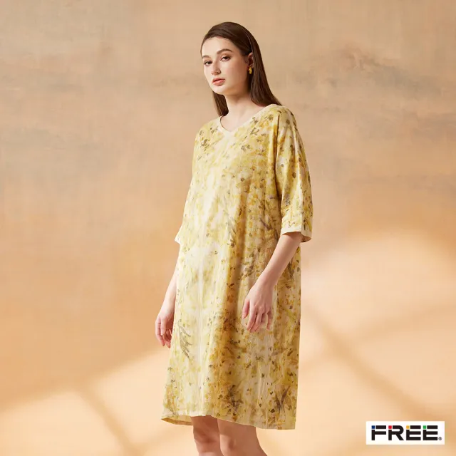 【FREE】free.草木移印染V領五分袖口袋洋裝(黃色)